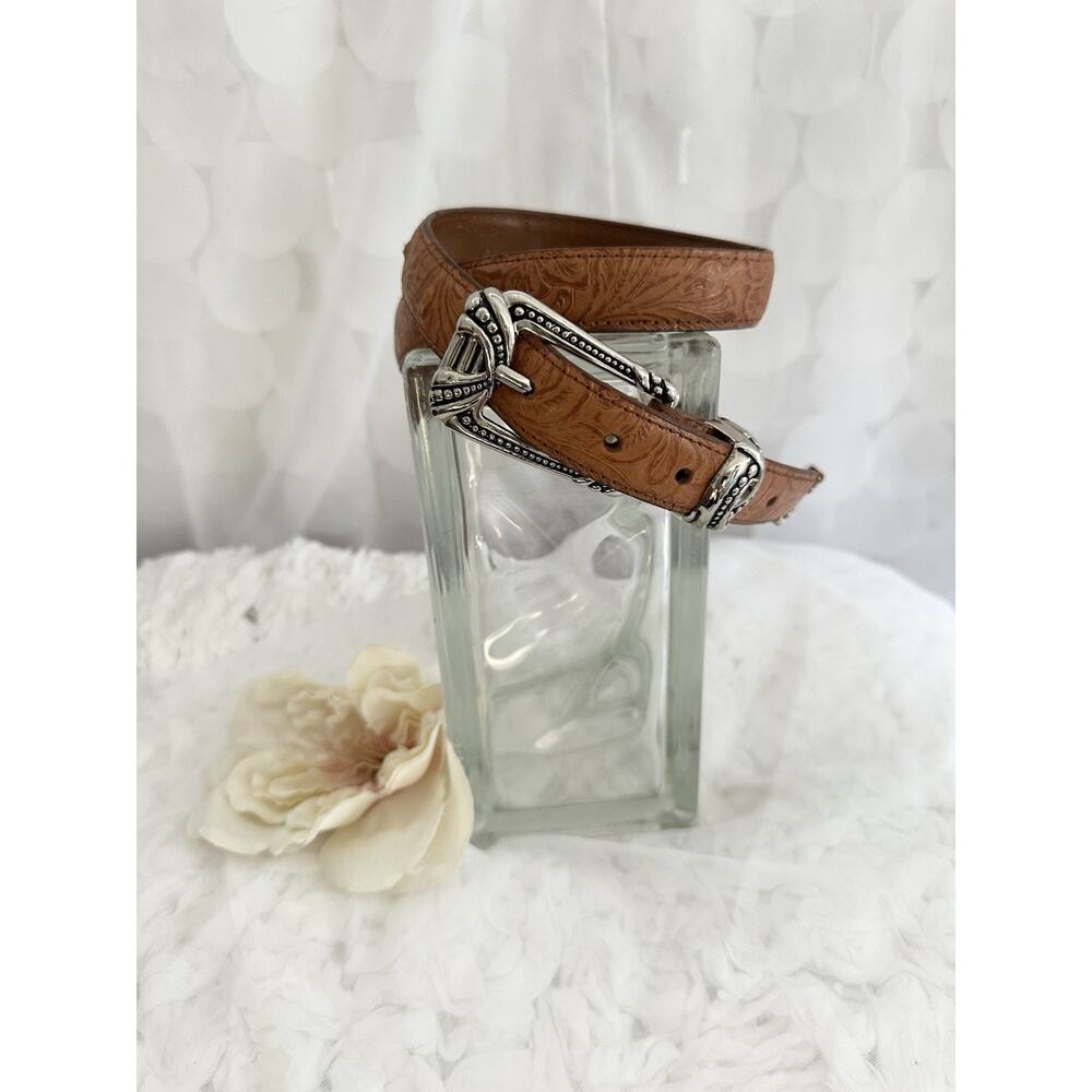 VTG Hand Tooled Belt Western Americana Leather Silver Buckle & Tip